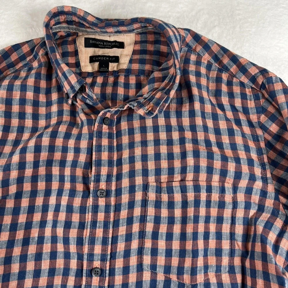 Banana Republic Shirt Mens‎ Large Blue Check Linen Camden Fit Long Sleeve